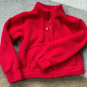Red fuzzy fleece zip up jacket, size large Athleta girl